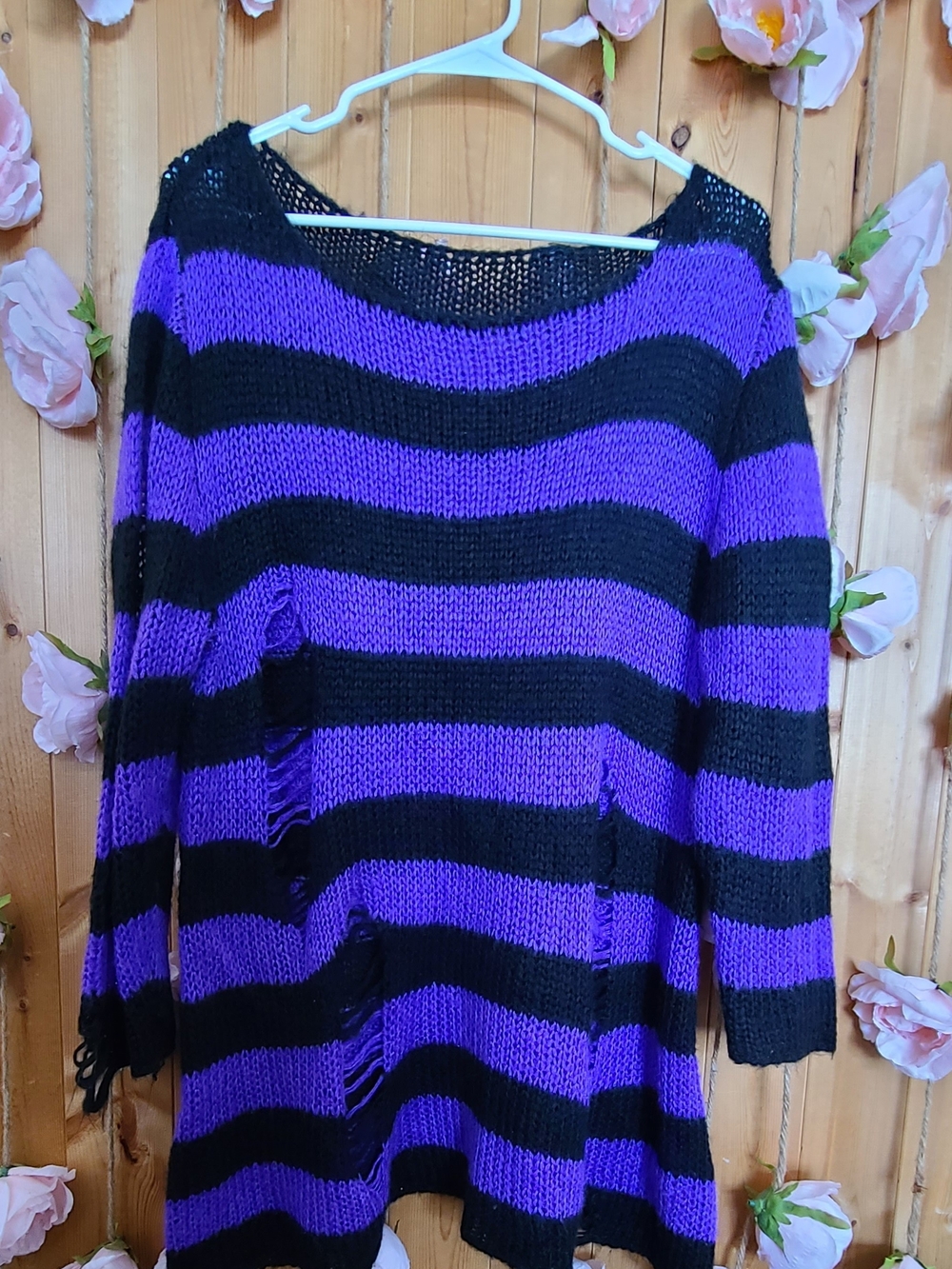 Women's Striped Purple and Black Distressed Knit Sweater
